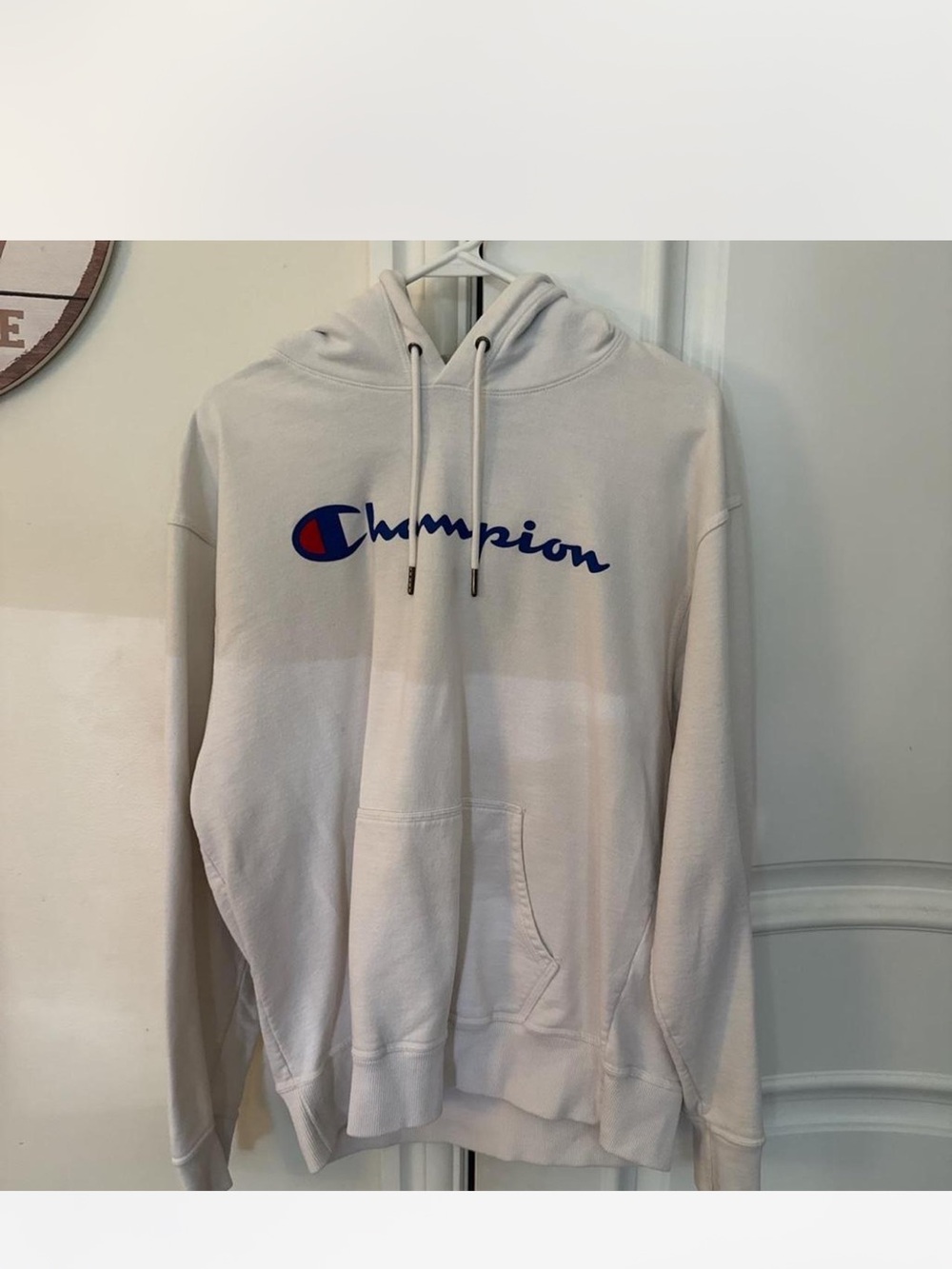 Champion Men's Cream Crewneck Hoodie with Blue Logo